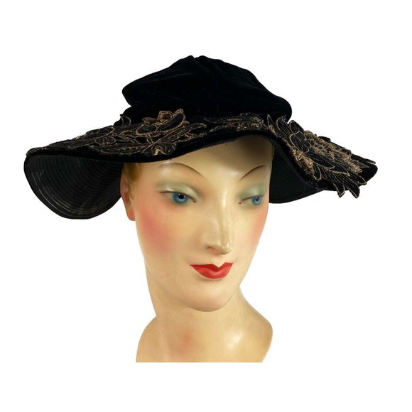 Vintage 30s 40s Evening Hat Floppy Brim Gold Floral Applique Velvet